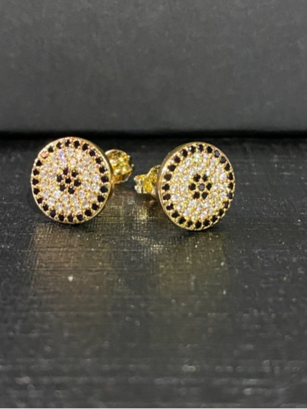New Stunning Evil Eye Pavé Black & Gold Stud Earrings